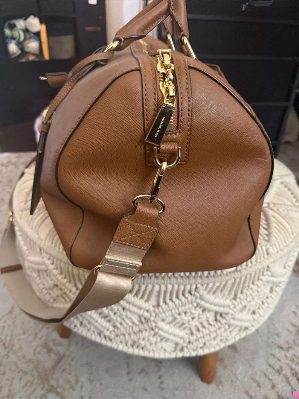 Michael Kors Brown Leather Duffel with Gold Hardware